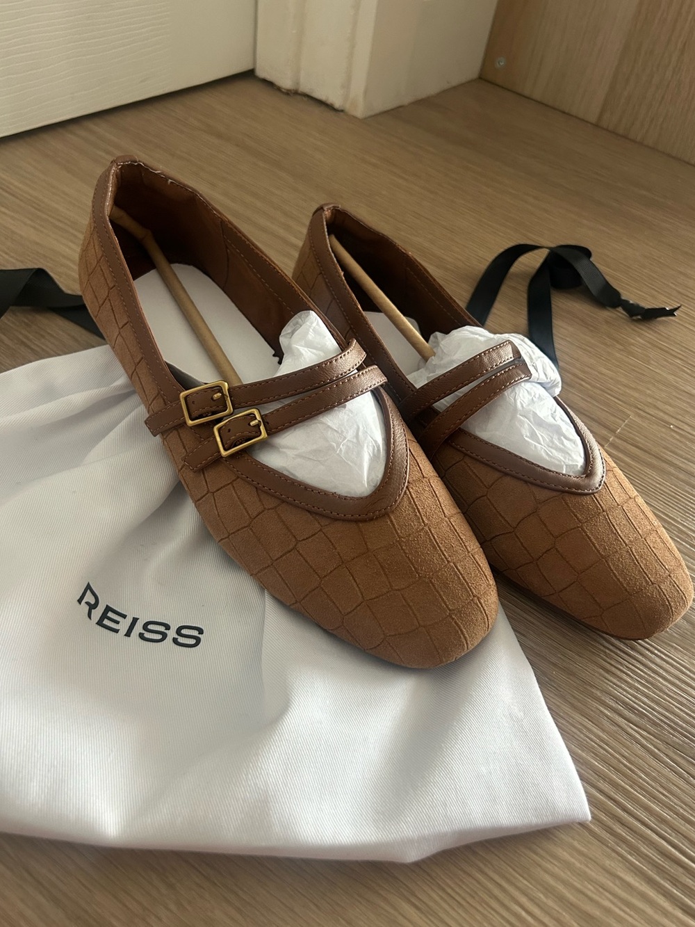 Reiss Tan Croc-Embossed Dual-Buckle Loafers